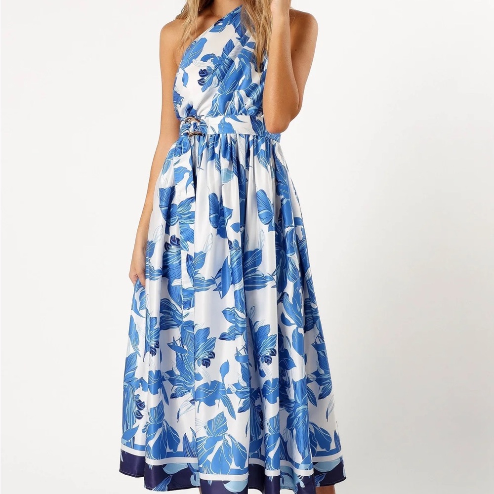 Petal & Pup Blue and White One-Shoulder Floral Midi Dress
